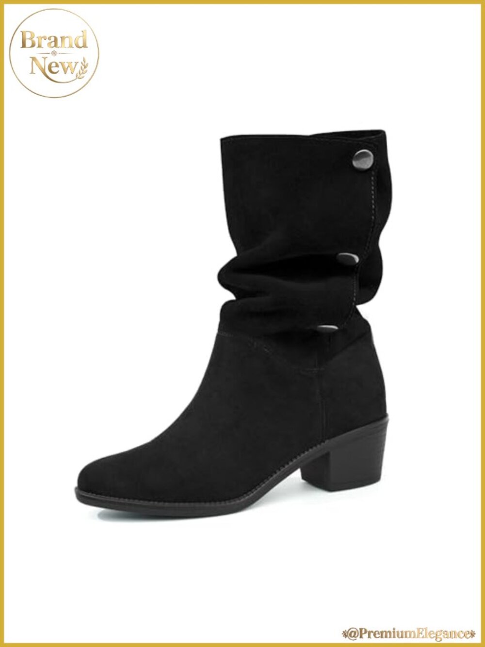 Suede Mid-Calf Boots 3-Way Fold-Over Chunky Block Heel Slip-On